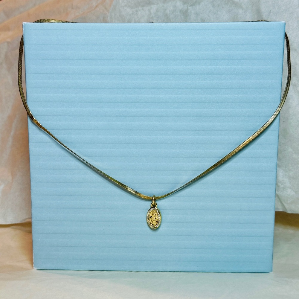 Elegant Gold Virgin Mary Pendant Necklace on 16 in adjustable herringbone chain